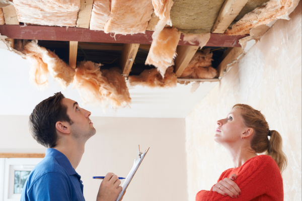 The home inspector and the home owner are inspecting the ceiling for water damage, visible insulation, and water damage in the home.