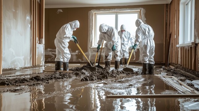 Cleaning crew of restoration company working in a severely water-damaged flooded home in Chico.