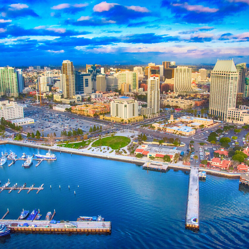 aerial view of the San Diego skyline and waterfront.