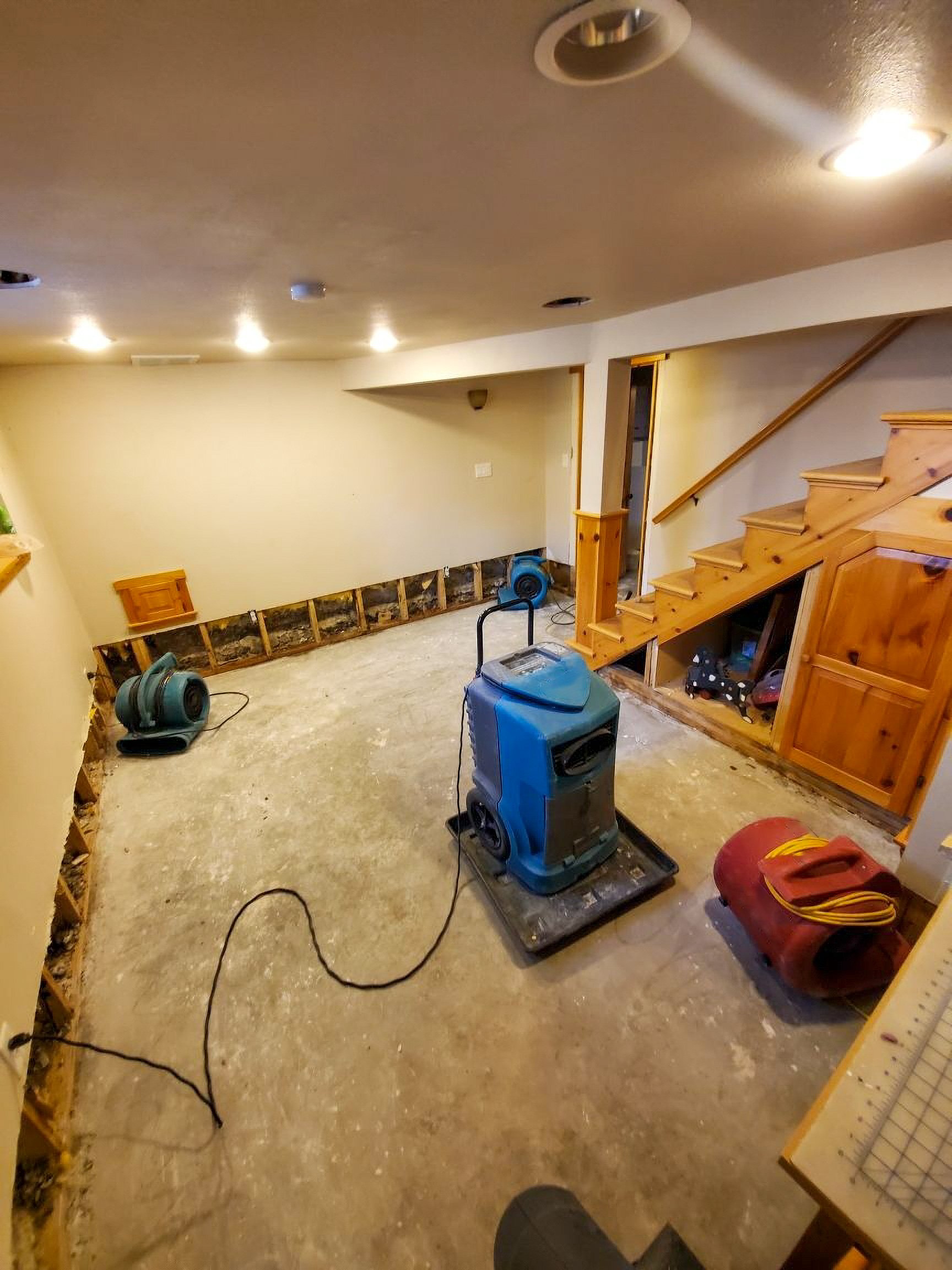 Basement in restoration in Chico after severe water damage from flooding.