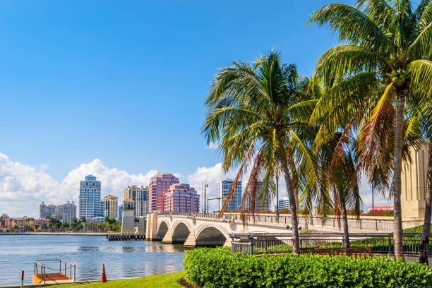 Beautiful view of the West Palm Beach skyline with palm trees and waterfront, showcasing the area served by water damage restoration experts.
