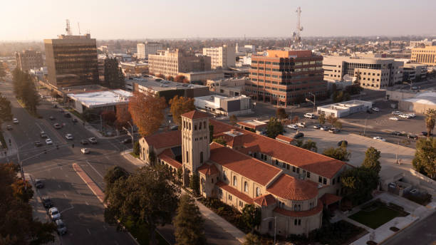 Aerial of downtown Bakersfield, showing the service area for water damage restoration.