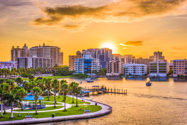 Sunset view of Sarasota, Florida, showcasing waterfront buildings and palm trees, symbolizing tranquility and resilience in water damage restoration.