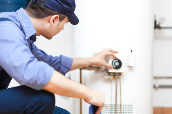 Technician inspecting a water heater for maintenance and safety.