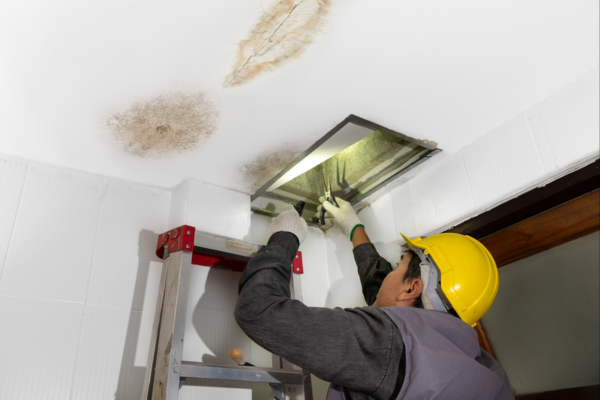 Close-up of mold growth on a ceiling caused by water damage to a house.