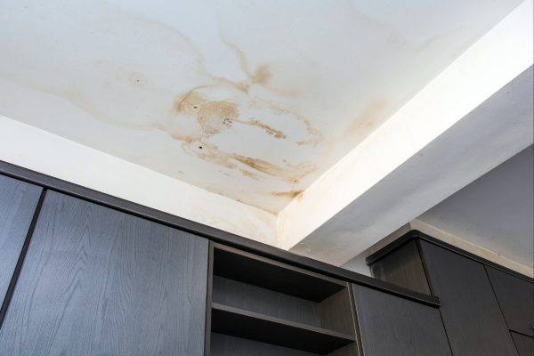 Close-up of a water damage stain on a ceiling with visible discoloration.