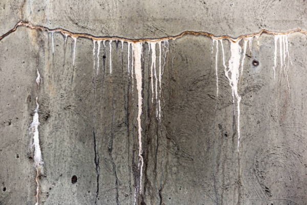 Cracks in concrete caused by prolonged water damage with visible mineral deposits and discoloration.