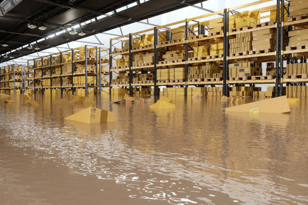 Flooded warehouse with submerged storage shelves and cardboard boxes
