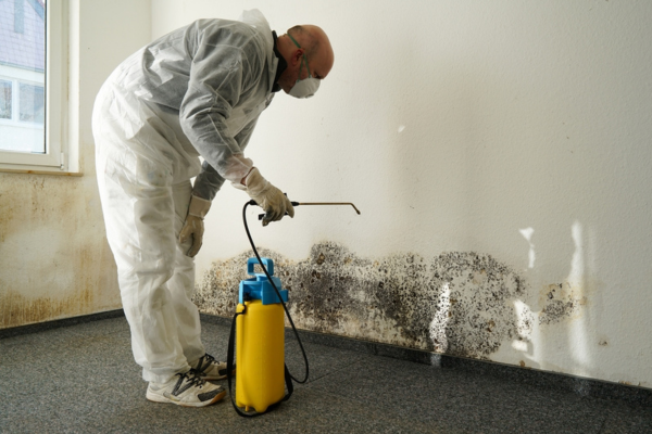 Professional in protective gear removing mold caused by water damage on a wall.