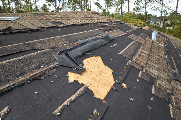Close-up of a roof with extensive shingle and underlayment damage from a hurricane in Ventura California