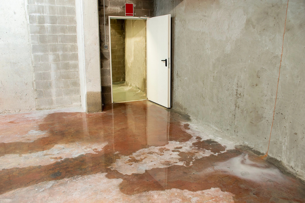 Large pools of water on a concrete floor near an open door, indicating water damage and potential for erosion.