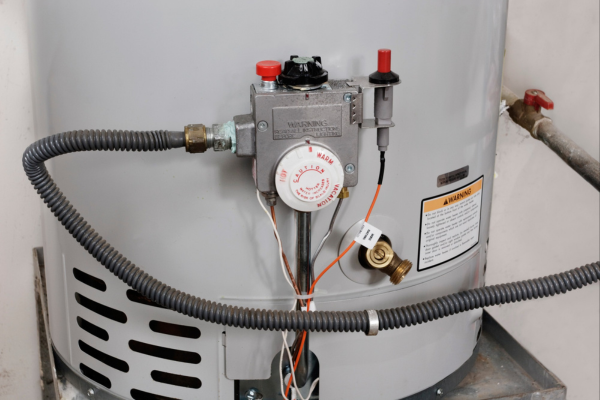 Close-up view of a water heater’s temperature controls and pipes.