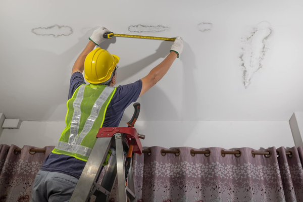 Restoration professional measuring a ceiling with visible water damage and stains.