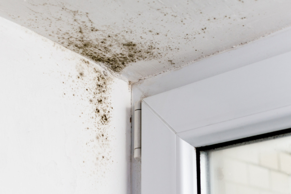 Alternaria mold spreading along a ceiling and wall joint, with dark green and gray discoloration.