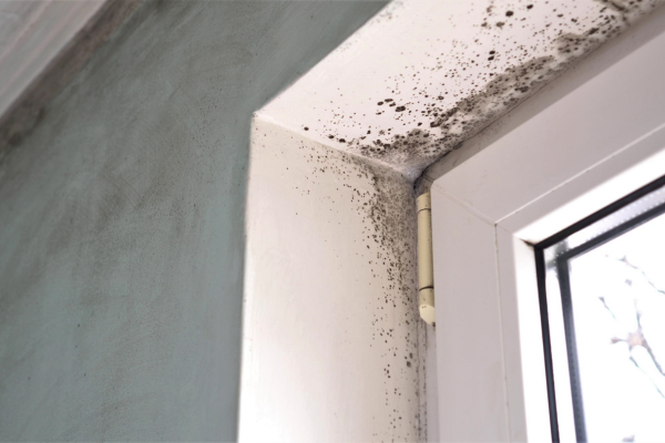 Cladosporium mold growing along the edges of a ceiling near a window, with olive-green and black spots.