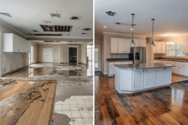 A side-by-side comparison of a home before and after water damage restoration.