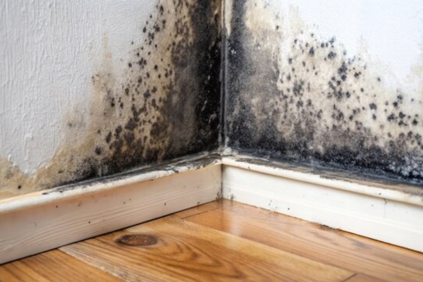 Stachybotrys (black mold) spreading across a wall and baseboard, with dark black and slimy patches.