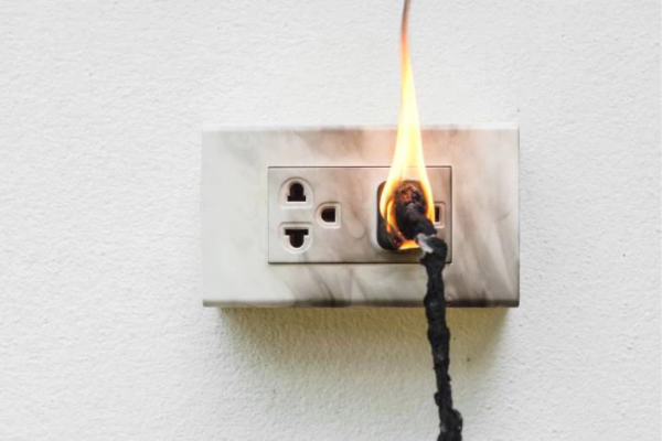 Electrical outlet on fire with visible smoke and a burning wire, illustrating the dangers of electrical fires caused by damaged or overloaded circuits.