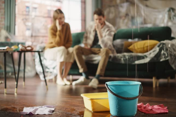 Buckets catching water from a ceiling leak with worried homeowners in the background.