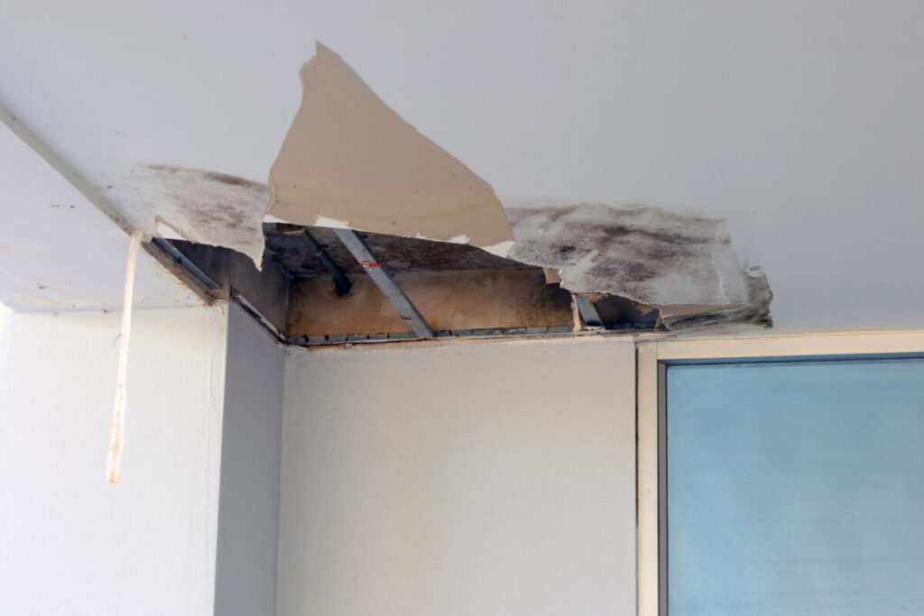 Water-damaged ceiling with visible peeling paint and water stains.