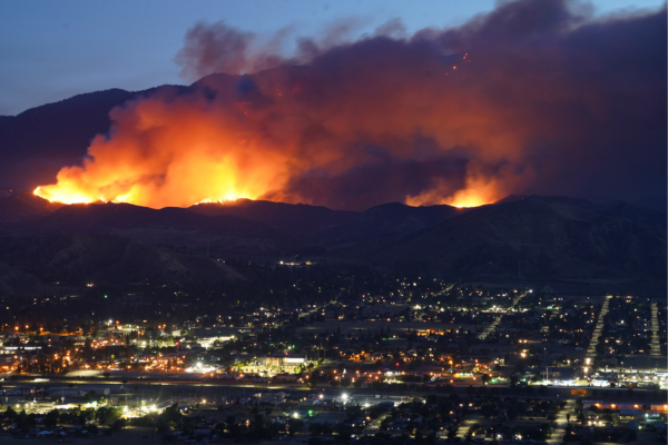 A panoramic view of wildfires burning in the hills near Los Angeles, with the city lights visible below.