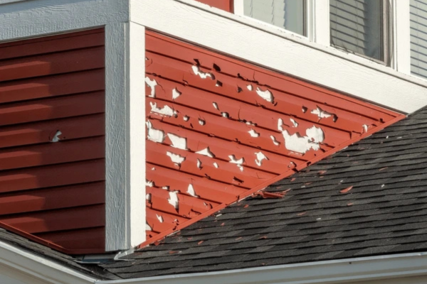 Peeling red siding indicating severe water damage.