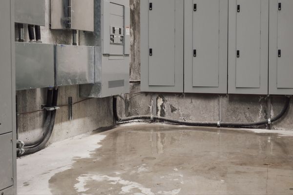 A flooded basement floor with visible water pooling near electrical panels.