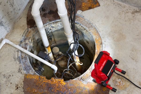 Open sump pit with a submersible sump pump and visible rusted edges.